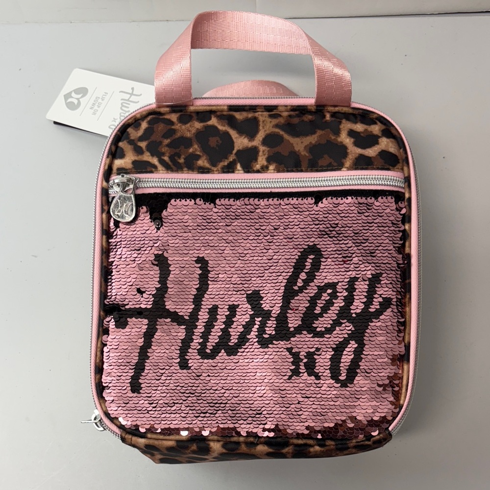 Hurley Flip Sequin Lunch Bag Pink Leopard Print School Tote Insulated